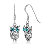 Chuvora 925 Oxidized Sterling Silver Greenish Blue Eye CZ Stone 2-D Wisdom Owl Dangle Hook Earrings 1.2