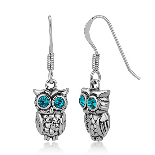 Chuvora 925 Oxidized Sterling Silver Greenish Blue Eye CZ Stone 2-D Wisdom Owl Dangle Hook Earrings 1.2