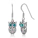 925 Oxidized Sterling Silver Greenish Blue Eye CZ Stone 2-D Wisdom Owl Dangle Hook Earrings 1.2"