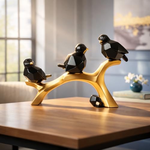 Image of Xtore Artistic Geometric Bird Figurine on Branch for Home & Office Decor | Contemporary Black & Gold Sculptural Showpiece for Living Room, Shelf & Console Styling (29.5 cm)