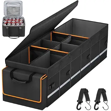 Car Trunk Organizer and Storage with Lid & Removable Leakproof Cooler Bag, Car Accessories 6 Removable Dividers for Custom Space, Collapsible Large Trunk Organizers Interior for SUV Sendan with Cover