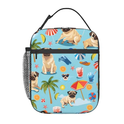 ainori Reusable Pug Lunch Box for Kids Girls Boys Women Adult, Insulated Cute Dog Lunch Bag,Polyester Cooler Beach Day Handbags Case for School Picnic Work Travel Beach or Hiking (Light Blue)