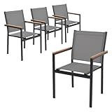 ML Design Lot de 4 Chaises de Jardin avec Accoudoirs Aspect Bois, Gris Foncé, Structure en Aluminium Anthracite, Fauteuils en Textilène, Siège Empilable de Terrasse Balcon, Résistant aux Intempéries