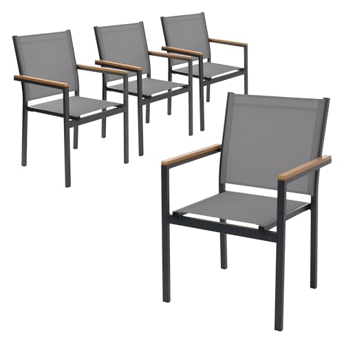 ML-Design Lot de 4 Chaises de Jardin avec Accoudoirs Aspect Bois, Gris Foncé, Structure en Aluminium Anthracite, Fauteuils en Textilène, Siège Empilable de...
