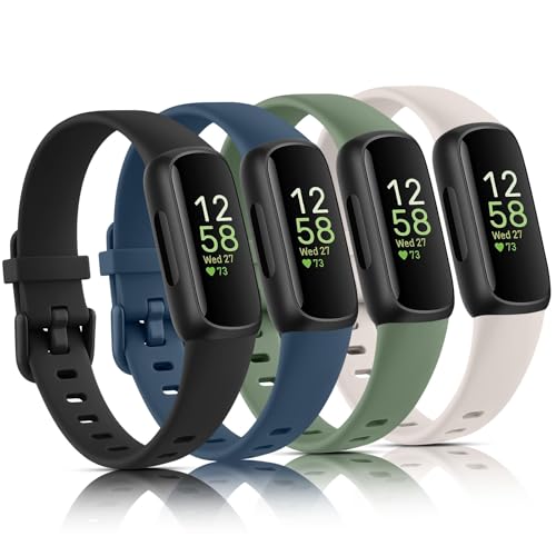Vancle 4 Pack Bands Compatible with Fitbit Inspire 3 Bands for Women Men, Sport Silicone Adjustable Replacement Straps for Fitbit Inspire 3 Fitness Tracke (Black/Navy Blue/Pine Green/Starlight)