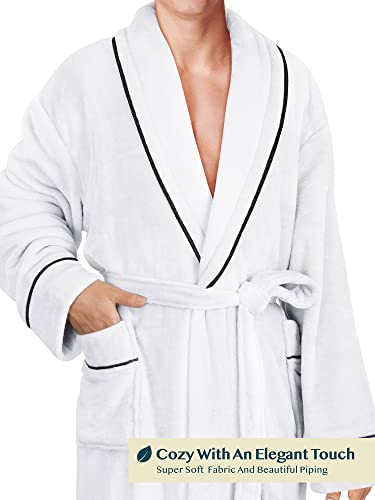 Pavilia Mens Soft Robe, Plush Warm Bathrobe For Men, Long Spa Robe With Shawl Collar, Pockets, Trim Piping (White) #TOP2