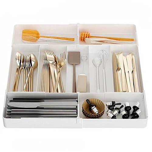 Aquafix カトラリーケース プラスチック素材 キッチン 引き出し 収納 食器トレー 食器棚 キッチンツール 仕切り 小物収納 お手入れ簡単 取外し可能 W27~50×D27~50×H5 食器/文房具/化粧品/小物用（4面伸缩/ホワイト）