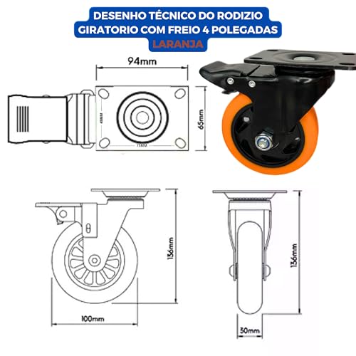 Kit 4 Rodinhas Rodizio Roda 4 Polegadas Giratórias E Fixas (Laranja)