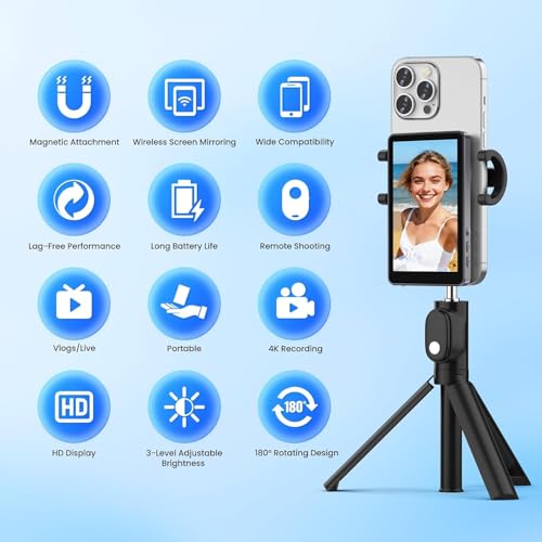 Image of Suicune Phone Vlog Selfie Monitor Screen, Magnetic Mount, 1080P Wireless Recording, Rear Camera for Selfie Vlog Live Stream Compatible with iPhone & Android Phone, Multi Screen Share(Black)
