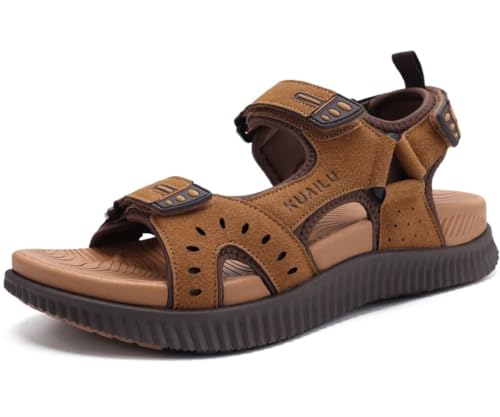 KuaiLu Mens Leather Hiking Sandals with Arch Support Orthopedic Sport Recovery Athletic Walking Sandals For Man Outdoor Summer Casual Thick Cushion Beach Water Fisherman Sandal, size 10 Khaki