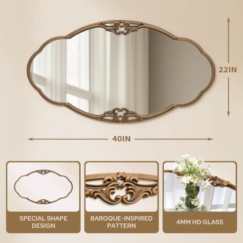 Image of Besdomus Vintage Scalloped Wall Mirror: 40 inchx22 inch Large Antique Gold Mirror