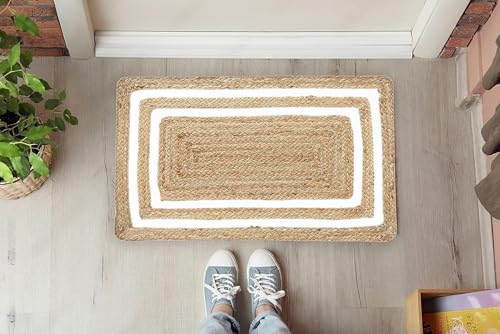 Image of Handmade Natural Jute Cotton Natural Fibers Floor /Door Mat Rugs Furnish Decor Striped Rectangular Design Carpet for Bedroom Living Room (JUTE0010, 2x3-Runner)