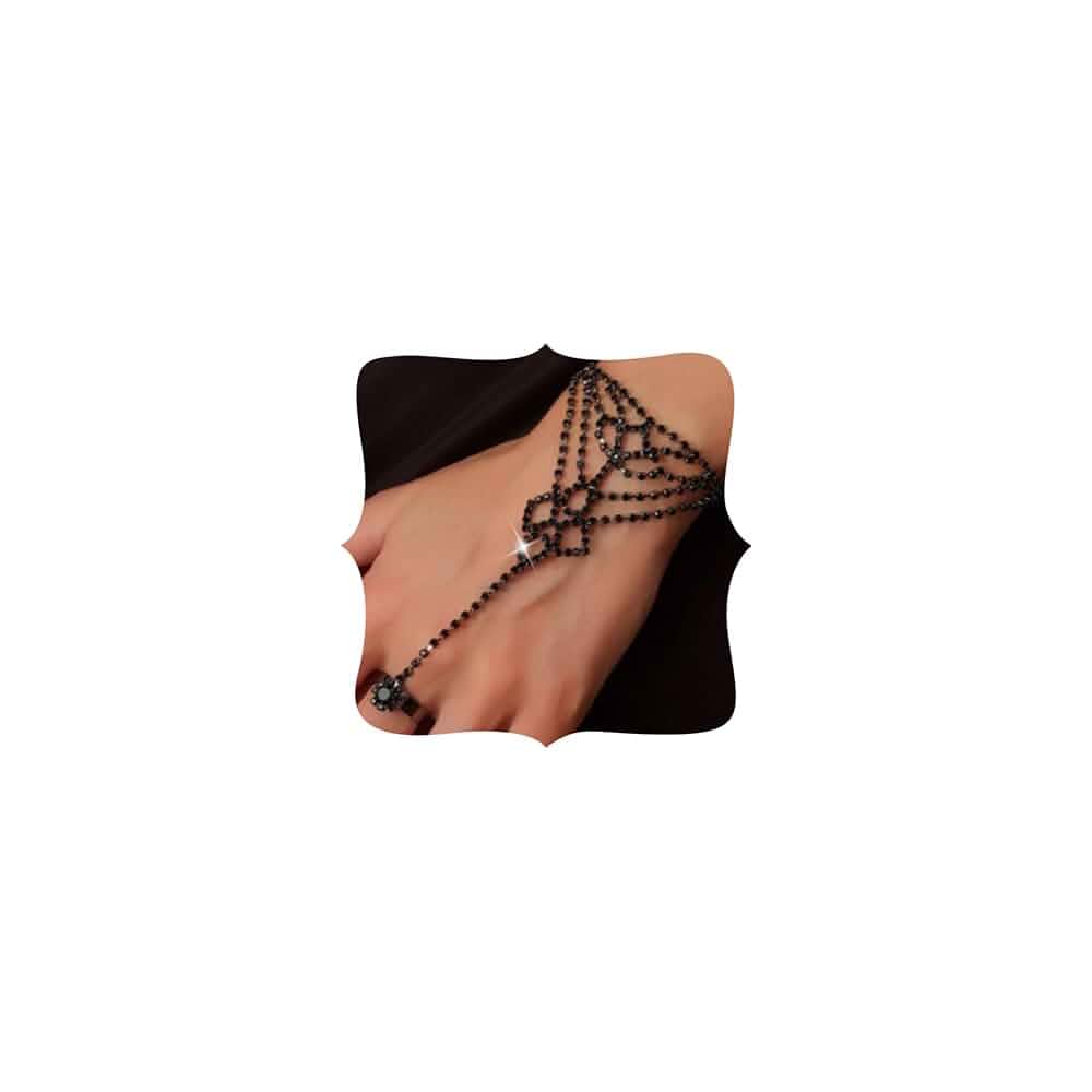 Women Bridal Silver Gold Plated Rhinestone Hand Harness Sparkle Crystal Silver Shiny Finger Ring Bracelets Full Hand Link Bracelets Hand Chain Bracelets Accessories for Women Stretch Bracelets Set Adjustable Adult