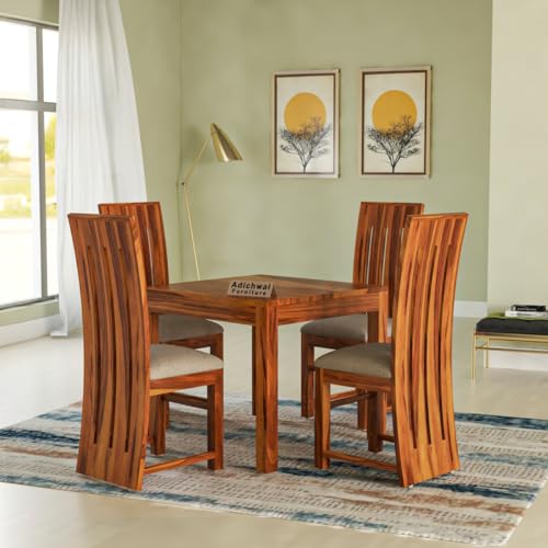 Image of Solid Sheesham Wood 4 Seater Dining Table Set with Cushioned Chairs for Dining Room | Living Room | Home & Office | Hotels Restaurant & Cafe (4 Seater, Honey B)