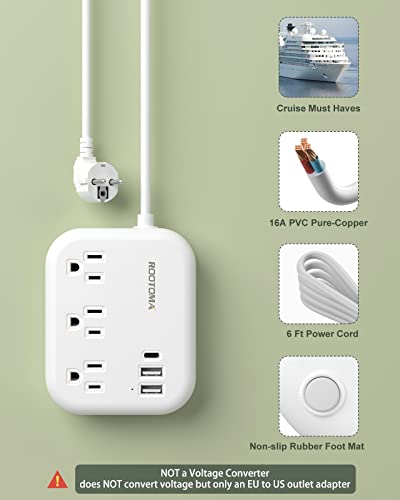 Adaptador de Enchufe Europeo, Multitoma Internacional ROOTOMA 1.83 m, 3 Salidas Americanas, 3 Cargadores USB, Adaptador US a Europa, Blanco miniatura 4