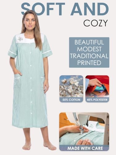Image of Casual Nights Women's Snap - Front House Dress Short Sleeve Woven Housecoat Duster Lounger Robe with Pockets