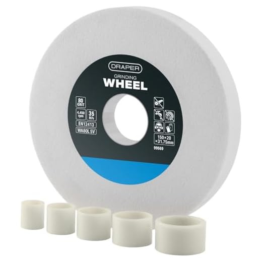 Draper 99569 Aluminiumoxid-Schleifscheibe, Körnung 80, HSS-Werkzeugschärfer, 5 Reduzierringe, Trockenschnitt, 31,75 mm Bohrung, 150 x 20 mm