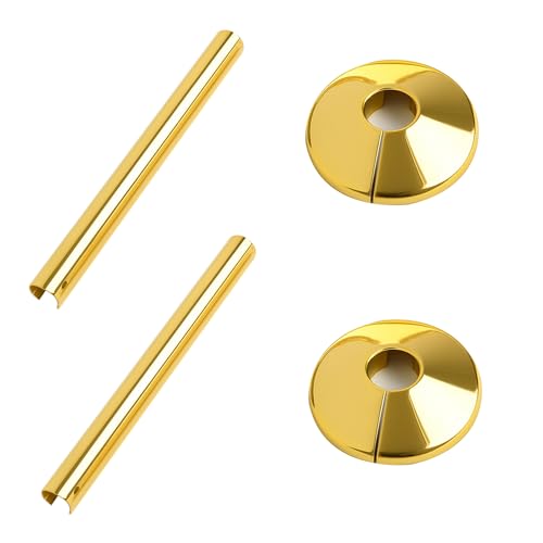2 Pack Gold Radiator Pipe Covers & 2 Pack Gold Radiator Pipe Collars, Easy Fit Decorative Trim Kit, for Towel Rail and Bathroom