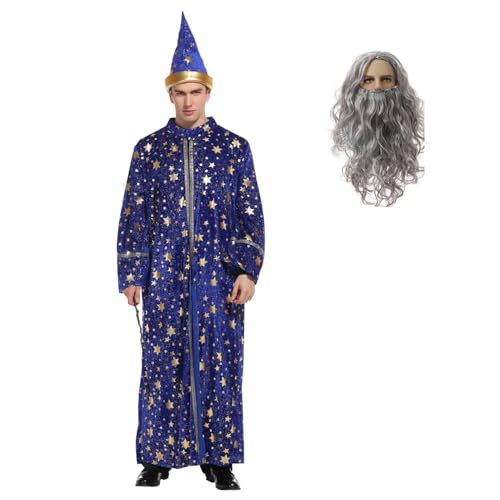 Yolata Wizard Costume Adult Men Stars Blue Wizard Cloak Wizard Wig Magician Stars Hat Witch Halloween Costume (Blue XL)