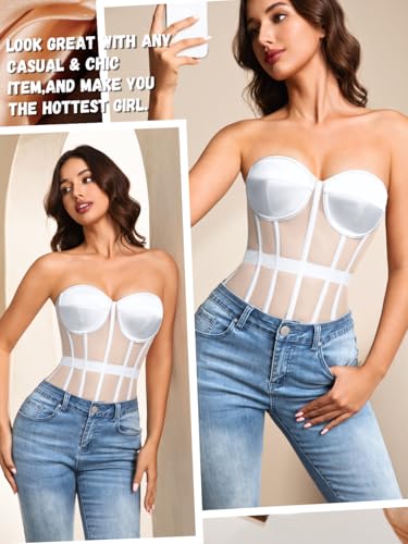 Image of Kaei&Shi Sheer Mesh Overbust Corset,Sexy Strapless Lace Up Satin Bra Corsets Top For Women Shapewear