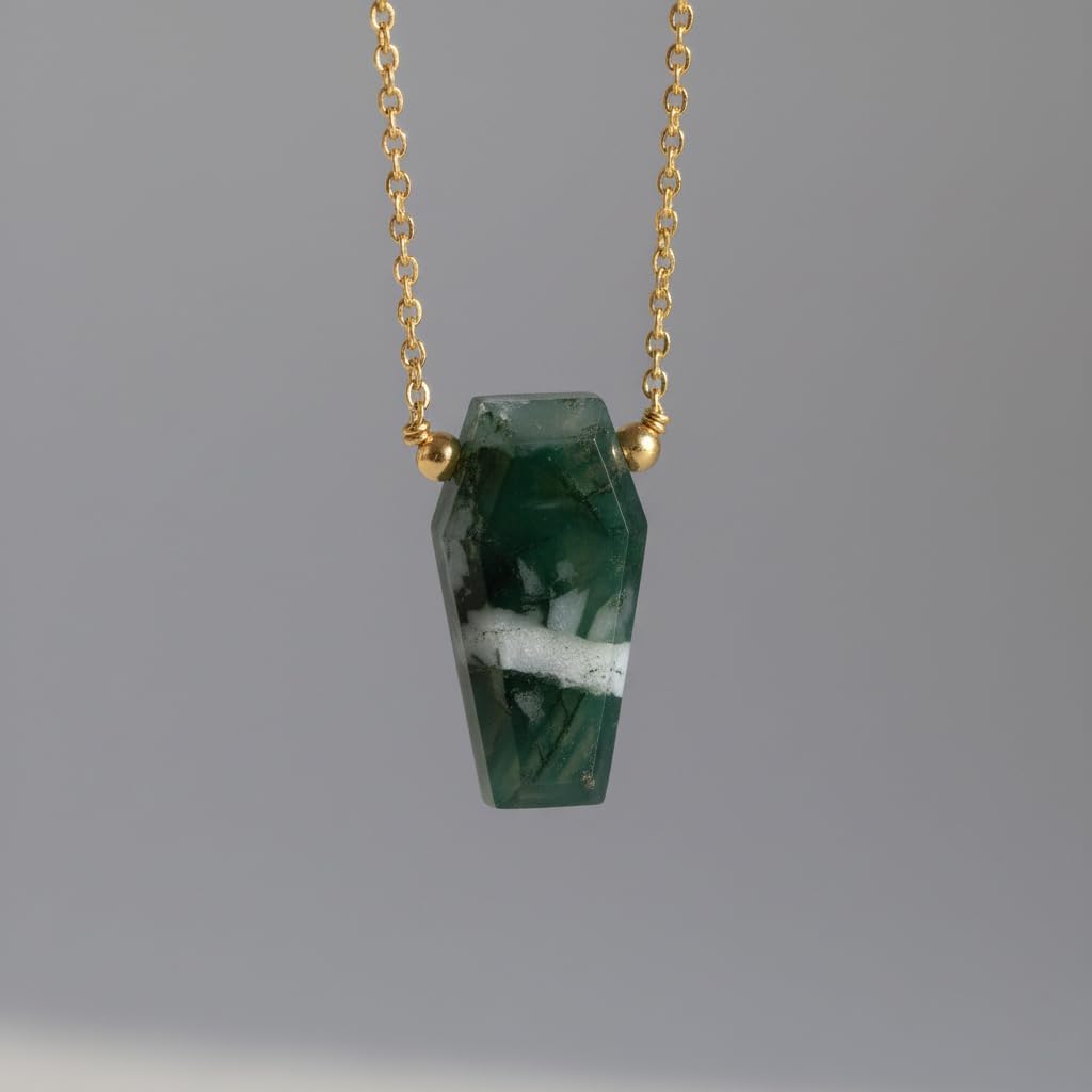 Natural Moss Agate Geometric Coffin Pendant Necklace for Women | Gold Plated Hypoallergenic Abundance Crystal Jewelry | Heart Chakra Nature Stone Gift 16"+2" (Moss Agate) - Image 5