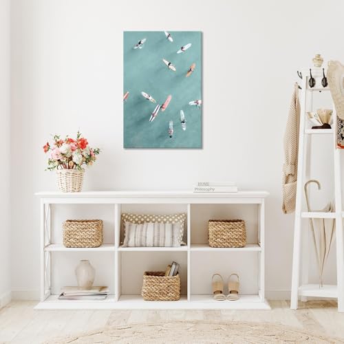 Abstract Ocean Painting - Denim-Clad Surfers Floating On Translucent Waves, Modern Serene Sea Canvas Wall Art For Coastal Living Room Decor Modern Beach House 24x36in Wframed - Image 4