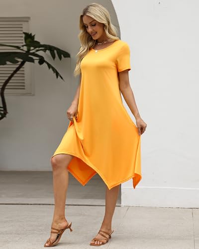 Image of COSSEN Women's 2026 Summer Midi Dress Crew Neck Short Sleeve Casual Tshirt Flowy Loose Sundress with Pockets