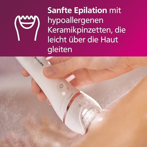 Philips Epilierer Series 8000, kabelloser Nass- und Trockenepilierer für Beine und Körper, Haarentfernungsgerät, mit 8 Zubehörteilen, Rasierer, Langhaarschneider und Körperpeeling-Gerät, (BRE735/00) 4