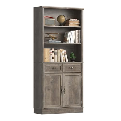 Thacuok 72'' Tall Bookcase with Doors and Drawers, Adjustable Shelves, P2 MDF Construction, 32'' Wide Freestanding Cabinet with Metal Handles, Hidden Storage for Living Room, Bedroom