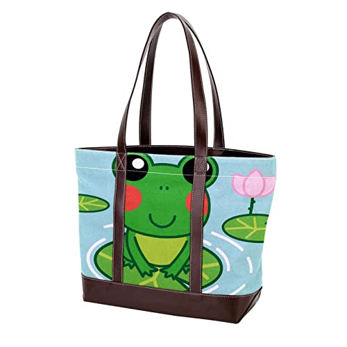 Sac fourre-tout pour femmes à motif grenouille et feuille de lotus avec poignée supérieure