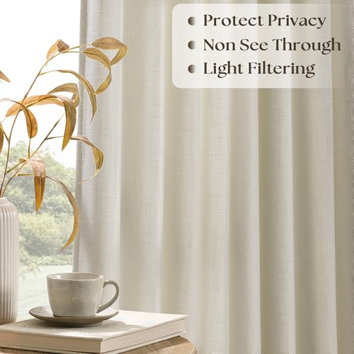 Image of 100 Inch Wide Pinch Pleated Extra Wide Curtain Panels 90 Inch Long | Thick Linen, Patio Sliding Glass Door, Hooks Rings, Semi Sheer, Privacy, Living Room, 100x90, 1 Panel, Oatmeal, Beige