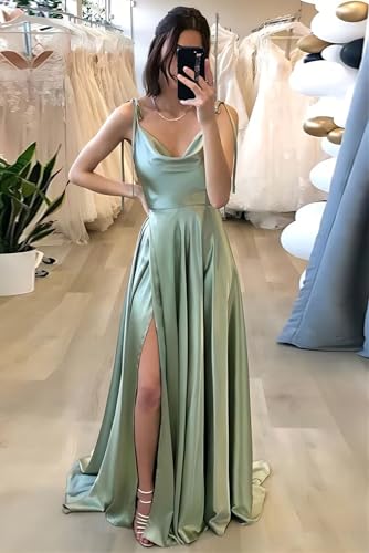 POMUYOO Spaghetti Straps Satin Bridesmaid Dresses for Women Cowl Neck Long A-Line Formal Gowns with Pockets2