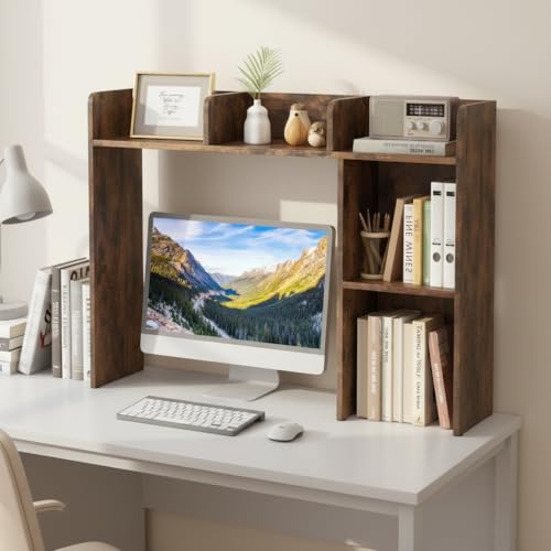 Image of Tangkula Desktop Bookshelf, Countertop Storage Hutch with 5 Shelves for Computer Desk, 3-Tier Display Rack, Multipurpose Wood Desktop Hutch Storage Organizer for Dorm Office, Brown