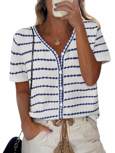 Image of NALANISA Women's Short Sleeve Sweater Spring Summer Crochet Knit Tops 2026 V Neck Striped Button Down Dressy Casual Blouses
