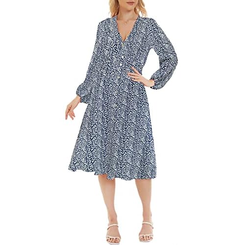ROYLAMP Women's Floral Button Up Split Dress Deep V Short Bell Sleeve Casual Midi Dress with Pockets