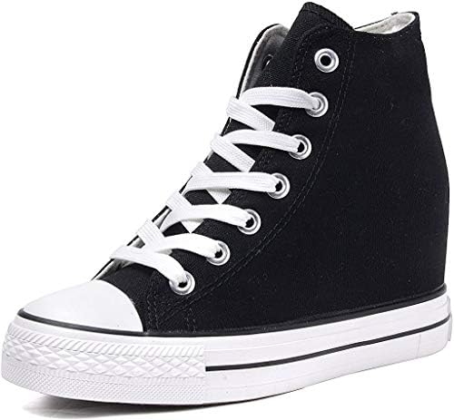 Catata Womens Casual Canvas Shoes Lace Up High Top Hidden Heeled Wedges Platform Fashion Sneakers Black