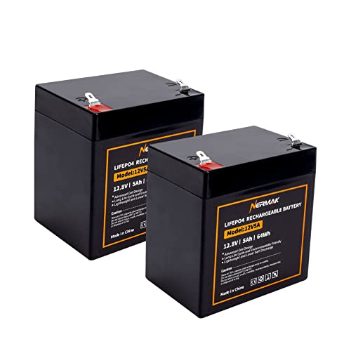 NERMAK 12V 5Ah LiFePO4 Deep Cycle Battery 2 Pack, 2000+ Cycles Lithium Iron Phosphate Rechargeable Battery for Solar Power,Lighting, Power Wheels, Fish Finder and More, Built-in 6A BMS