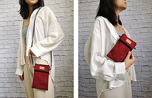 Image of Taianda Dual Zipper Women Cell Phone Crossbody Pouch Bag (Wine Red)