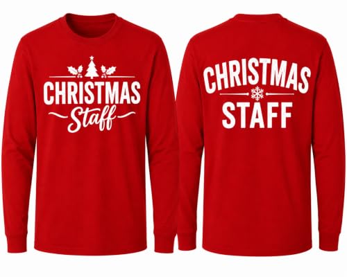 Long Sleeve Christmas Staff T Shirt Cotton Employee Medium Red Text