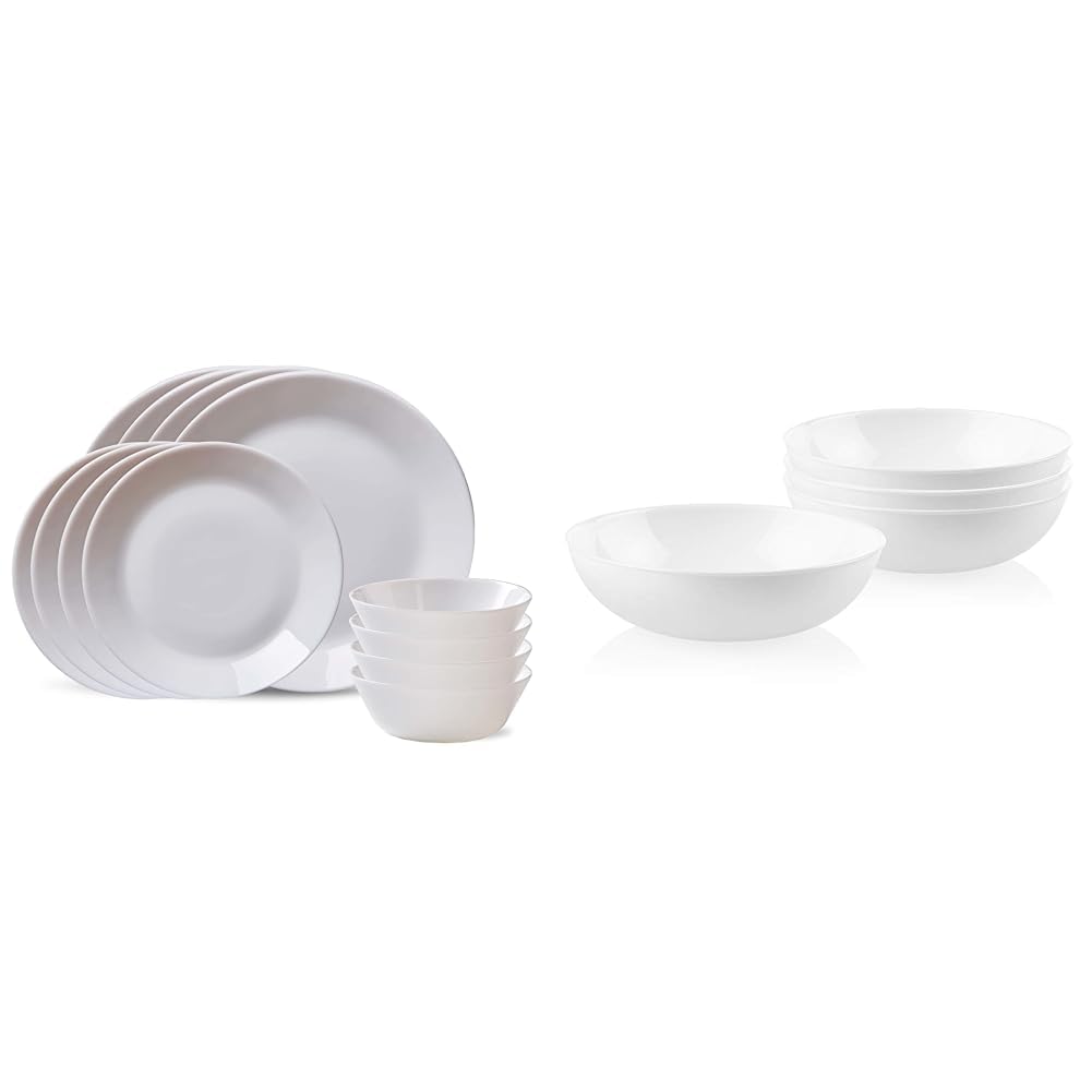 Corelle MilkGlass 12-Piece Dinnerware Set, Service for 4, Lightweight & 4-Pc Meal Bowls Set, Service for 4, Durable and Eco-Friendly 9-1/4-Inch Bowls