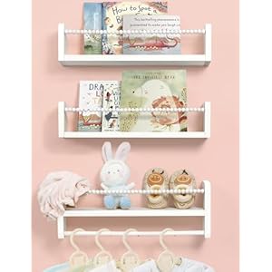 Maxpeuvon Nursery Bookshelves, Natural Wood Nursery Shelves Storage Books Toys Wall Mount Kids Bookshelf Nursery Decor with Towel Bar Floating Book Shelves for Kids Room Set of 3