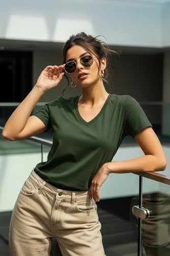 Image of JUNEBERRY Cotton Lycra Regular Fit V- Neck Solid Core Half Sleeves T-Shirt for Women & Girls (Colors Available: Black, Green, Magenta, Blue, Orange & Limeade)