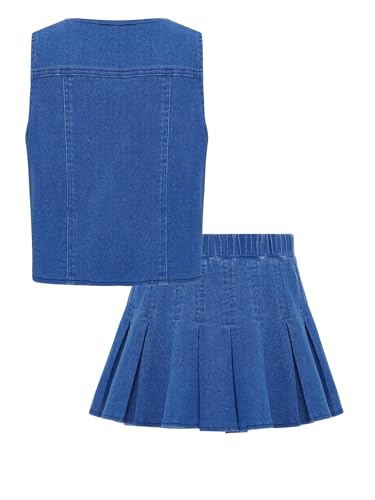 Kids Girls Cute Y2K 2 Piece Outfit Sleeveless Button Down Denim Vest with A Line Mini Pleated Jean Skirt Blue 14 Years3