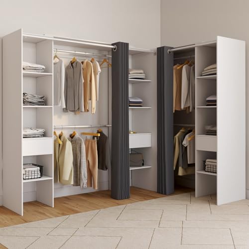 Dressing extensible d'angle MARLON 230 x 140 x 180 cm avec penderies + étagères + rideaux - vue 2