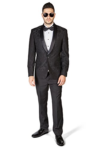 Slim Fit 1 Button Shawl Satin Collar Floral Jacket Tuxedo Black Pants by AZAR 17142