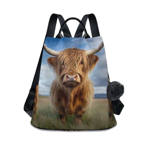 Highland Cow Grassland Backpack for Women Anti Theft Large Fashion Travel Shoulder Bag Purse Rucksack Lightweight