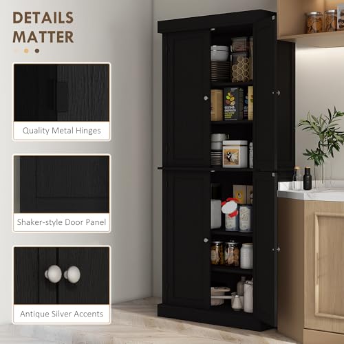 Image of HOMCOM 72.5 inch Tall Kitchen Pantry Cabinet, Freestanding Modern Farmhouse Kitchen Storage Cabinet with 4 Doors and 2 Adjustable Shelves for Dining Room, Black Wood Grain