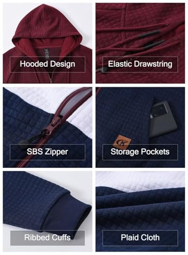 Satankud Men's Block Waffle PlaidCloth Zipper Hoodie Sweatshirt Burgundy/White/Navy Small — view 4