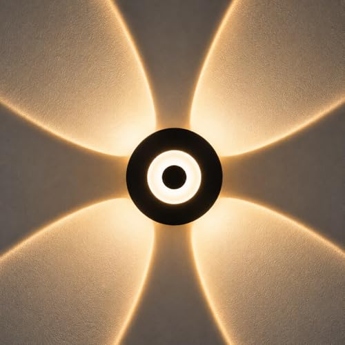 Image of Waterproof Up Down Led Wall Lamp, Aluminium IP65 Body 4+1 Ray, Warm White, Indoor /Outdoor Decorative Wall Sconce Light, (HaloBeam 4 Way Warm)