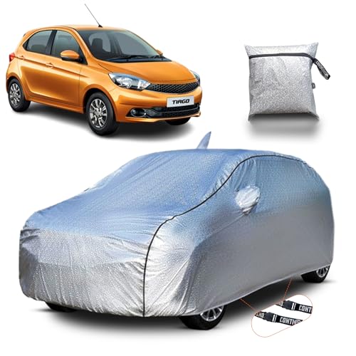 Image of Continental [SilverGuard] Dual Belts Extra Protection Tata Tiago Body Cover (2016-2024) Build with Triple Stitched, Waterproof & Dustproof Tiago Car Cover (Metallic Silver).